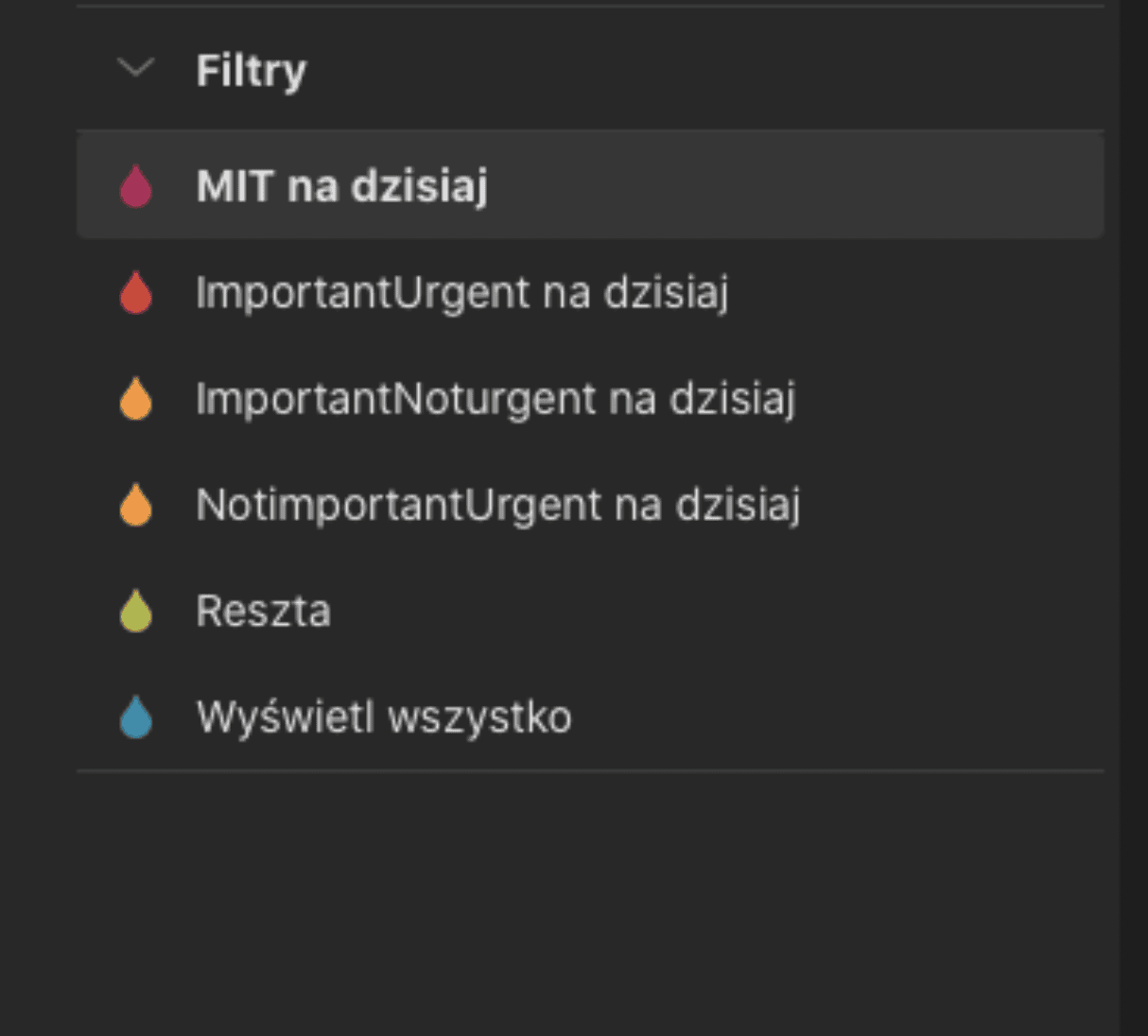 zrzut ekranu z utworzonymi filtrami w todoist
